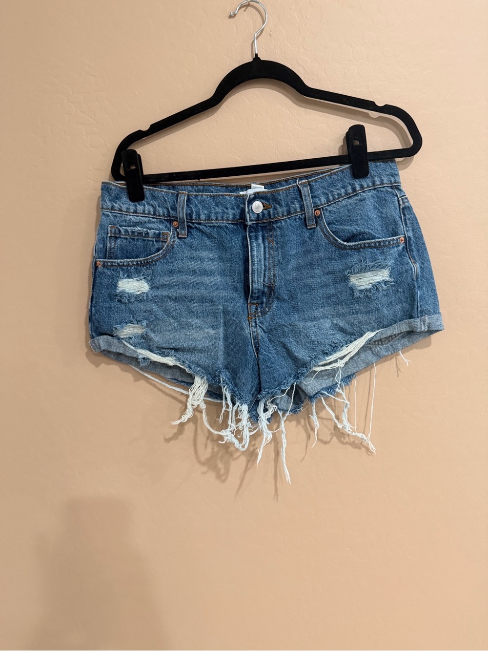 Distressed High-Waist Denim Shorts - Blue